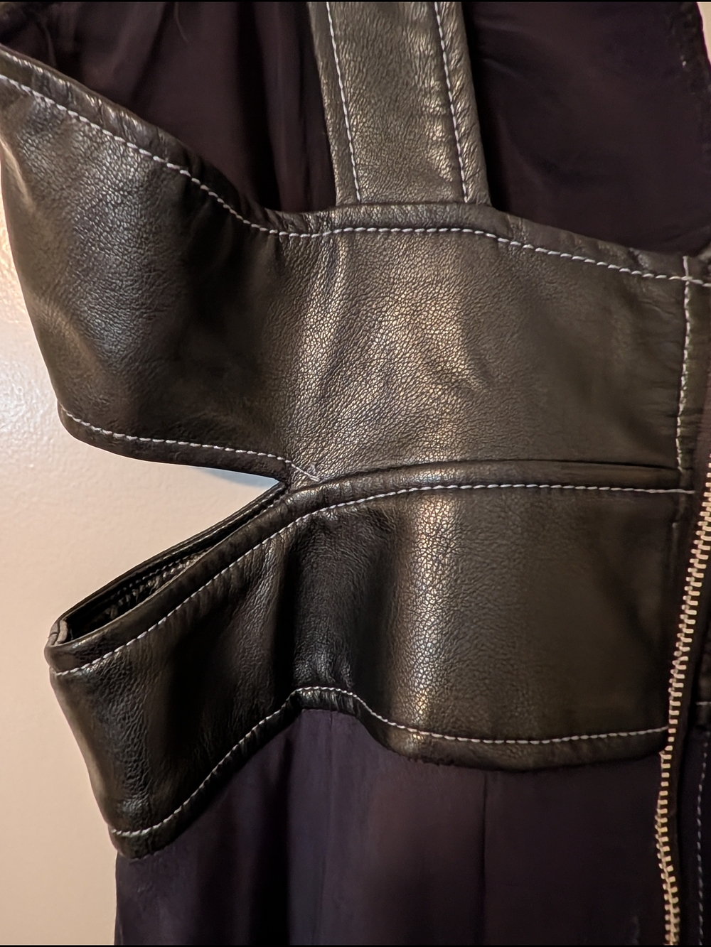 Vegan Leather/Mixed Media Cutout Midi Dress - Navy/Black- Anthropologie - Picture 11 of 13